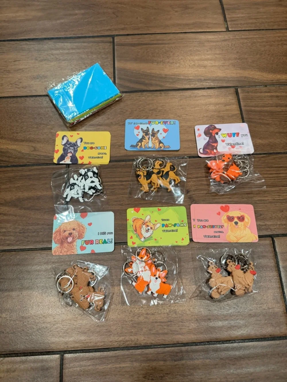 Dog-Themed valentines Keychain Lot with Colorful Cards 24Pc